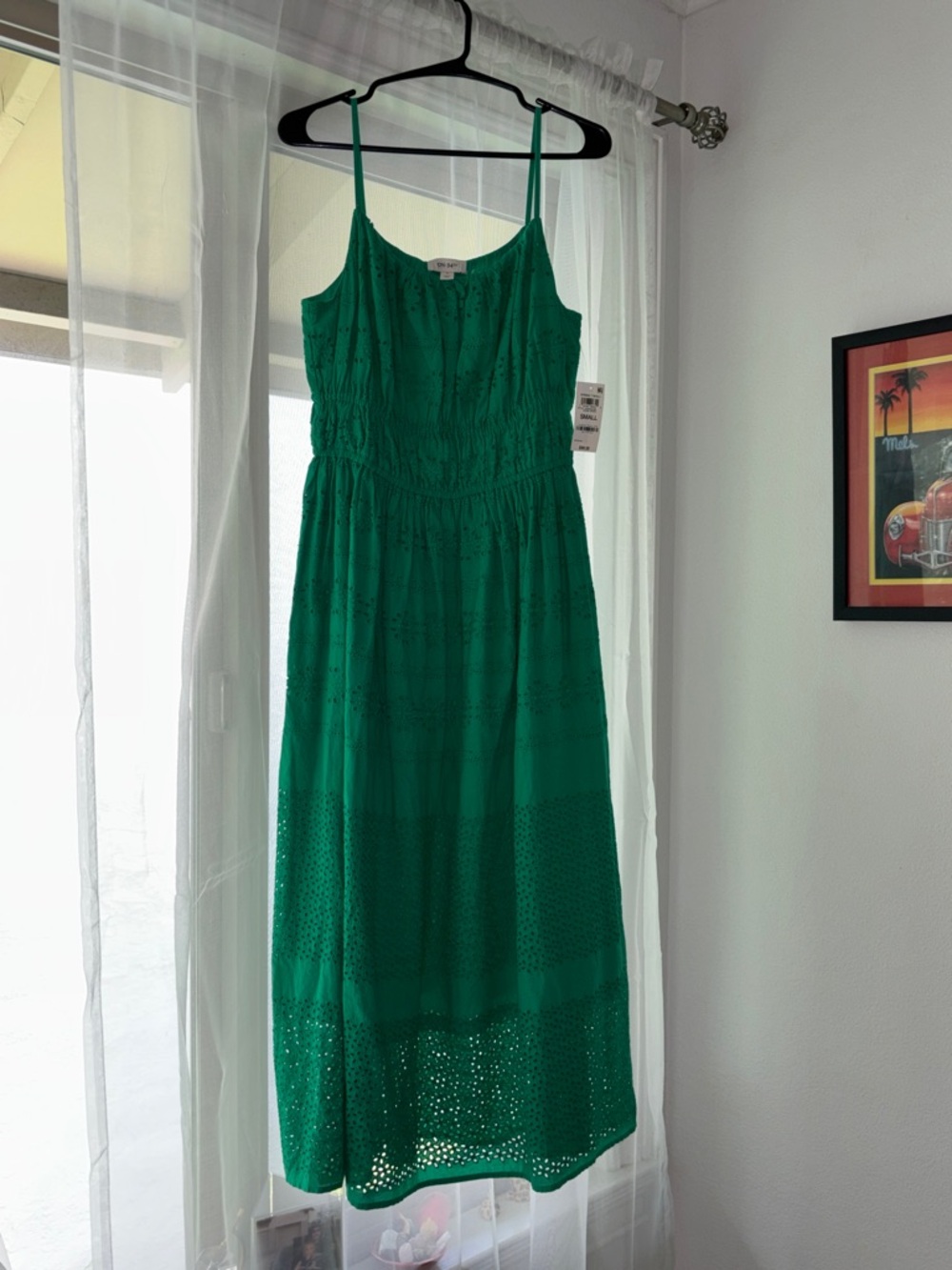 Emerald Eyelet Maxi Dress with Smocked Waist - Women's Sleeveless Summer Dress